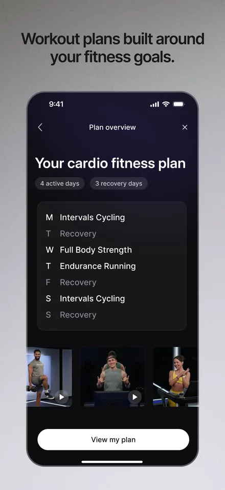 Peloton short-form post: App Store screenshot of a weekly cardio plan on a dark phone screen.