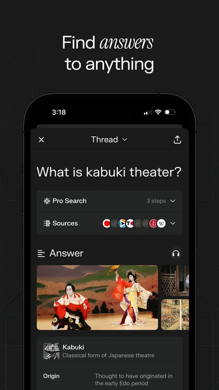 Perplexity short-form post: App Store screenshot of a question about kabuki theater and a sourced answer on a dark screen.