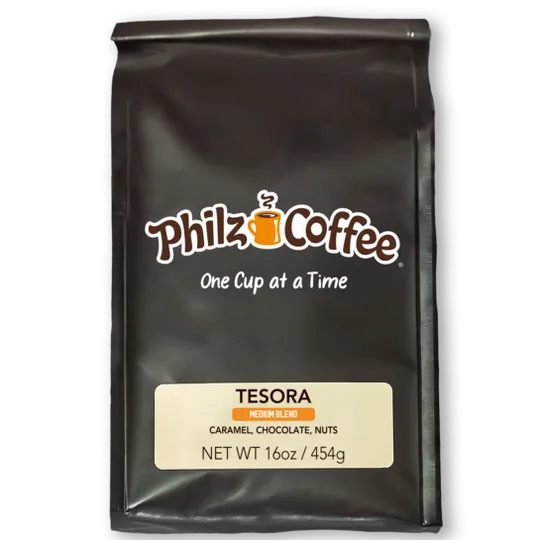 Philz Coffee short-form post: a black Philz Coffee bag of Tesora blend standing upright.