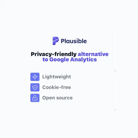 Plausible short-form post: the Plausible logo with the line 'Privacy-friendly alternative to Google Analytics' and three feature icons on white.