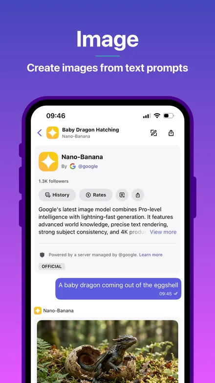 Poe short-form post: App Store screenshot of an image-generation bot chat with a dragon-egg prompt on a purple gradient.