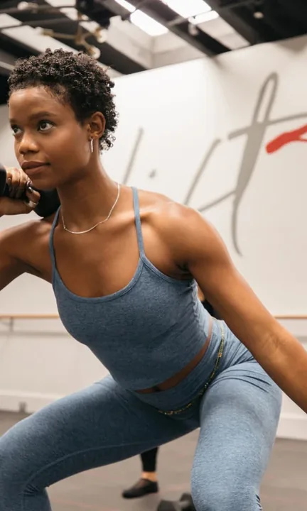 Pure Barre short-form post: a woman in a blue tank and leggings lunging with a hand weight in a barre class.