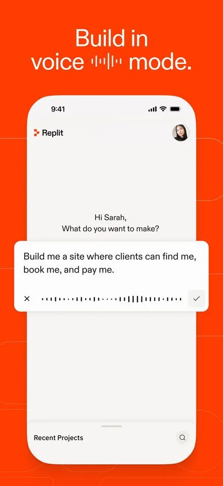 Replit short-form post: App Store screenshot of a voice prompt asking for a booking site on an orange background.