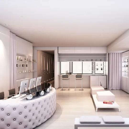Skinney Medspa short-form post: a bright lobby with a quilted white reception desk, shelves of products and sheer drapes.