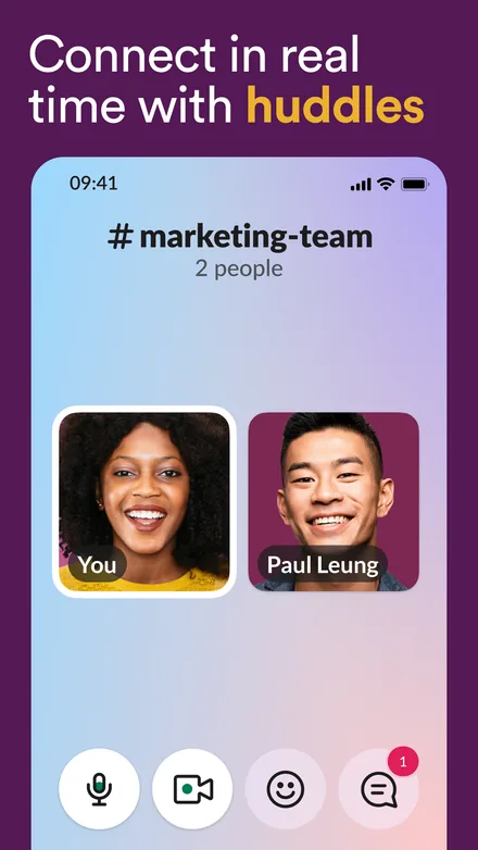 Slack short-form post: App Store screenshot of a huddle with two smiling teammates in a #marketing-team channel on a purple background.