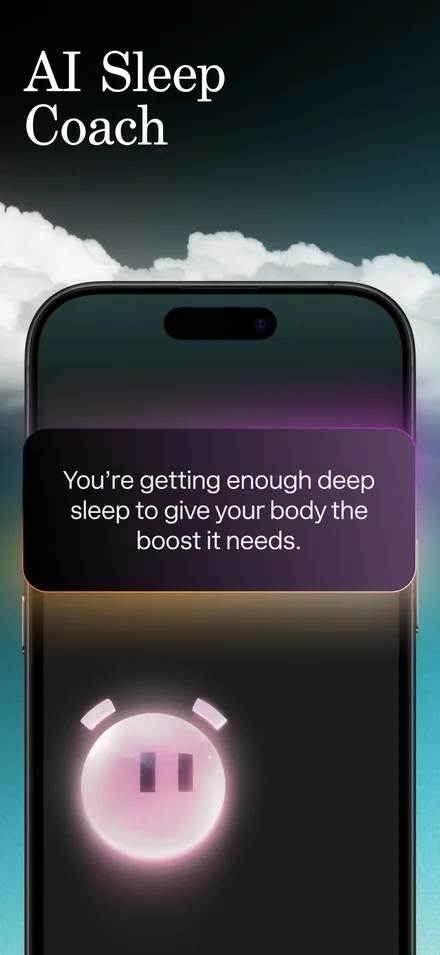 Sleep Cycle short-form post: App Store screenshot of a coaching message and a glowing pink alarm-clock mascot on a dark phone.