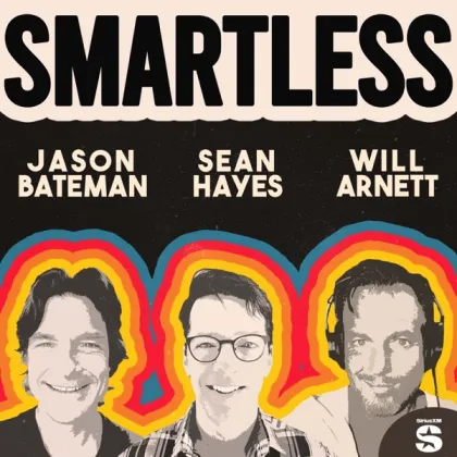 SmartLess short-form post: the show's cover: three illustrated men in headphones under the SmartLess title in black and cream.