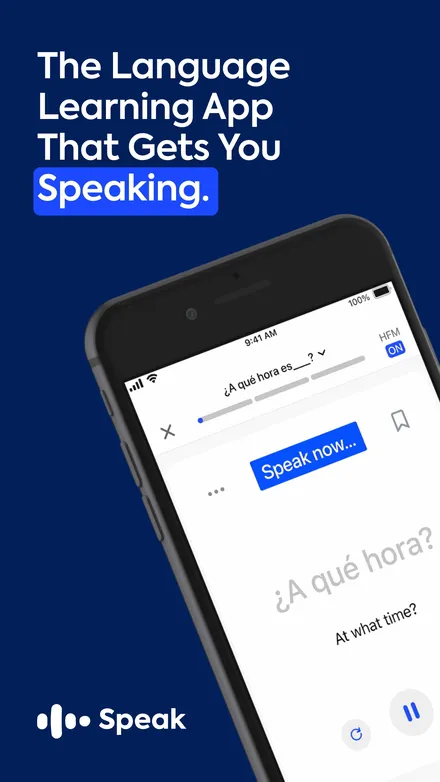 Speak short-form post: App Store screenshot of a phone running a spoken-practice lesson on a navy background.