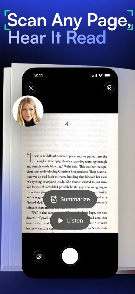 Speechify short-form post: App Store screenshot of a phone camera scanning a book page, with Summarize and Listen buttons.