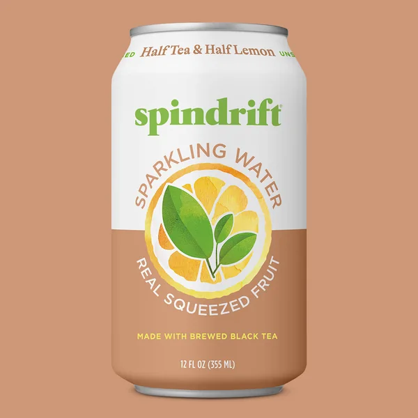 Spindrift short-form post: a Half Tea & Half Lemon sparkling water can with a lemon slice on its label, on a warm tan background.