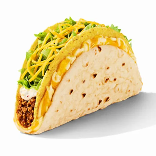 Taco Bell short-form post: a Cheesy Gordita Crunch with lettuce and cheese on a white background.