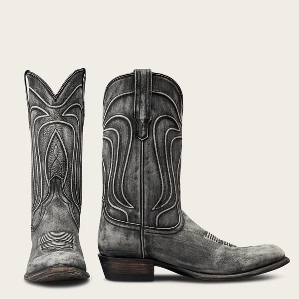 Tecovas short-form post: a pair of grey gunsmoke cowhide Cartwright cowboy boots with stitched shafts on a warm off-white background.