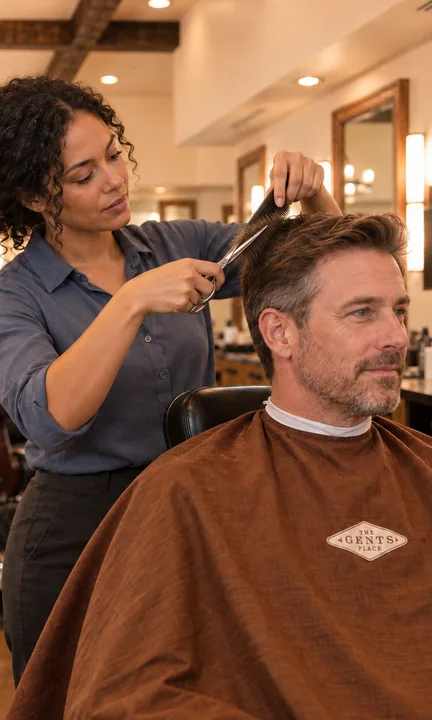 The Gents Place short-form post: a barber trimming a seated man's hair in a brown cape inside a warm wood-paneled shop.