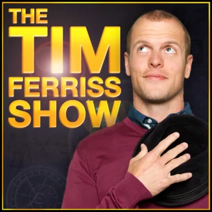 The Tim Ferriss Show short-form post: the show's cover: a man holding a hat to his chest next to gold block letters on a deep red background.