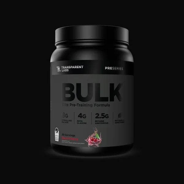 Transparent Labs short-form post: a black BULK pre-workout tub with a black lid on a near-black background.