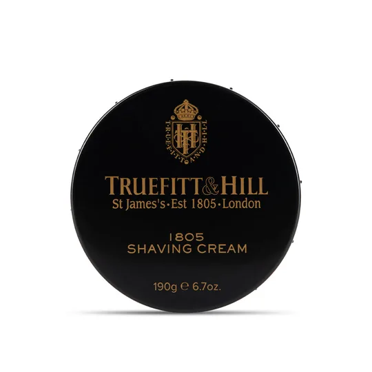 Truefitt & Hill short-form post: a black tub of Truefitt & Hill shaving cream with a gold crest on a white background.
