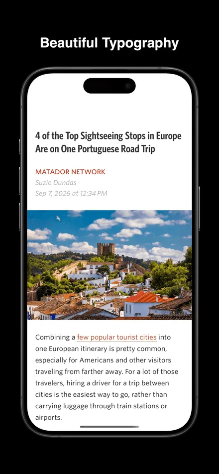 Unread short-form post: App Store screenshot of an article with a photo of a town and the line 'Beautiful Typography' on black.