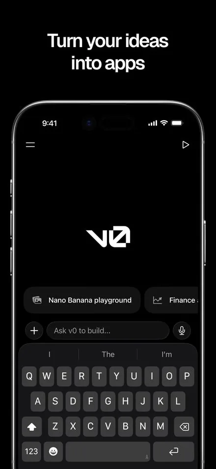 v0 short-form post: App Store screenshot of the v0 logo and a prompt keyboard on a black phone screen.