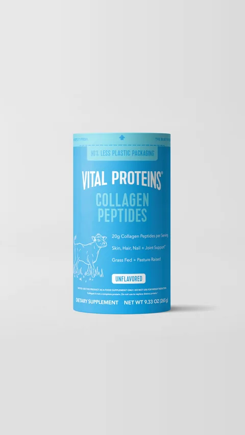 Vital Proteins short-form post: a light blue Collagen Peptides canister on a pale grey background.