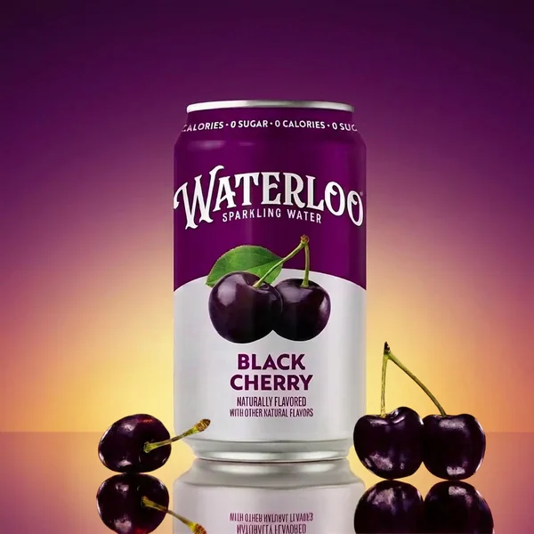 Waterloo short-form post: a purple Black Cherry sparkling water can surrounded by cherries against a glowing purple gradient.
