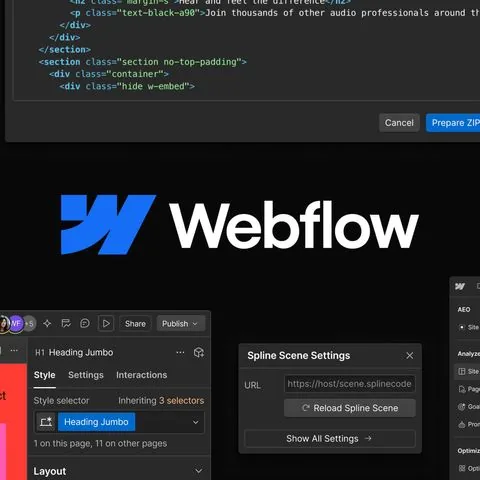 Webflow short-form post: the Webflow logo over a dark code editor and style panel.