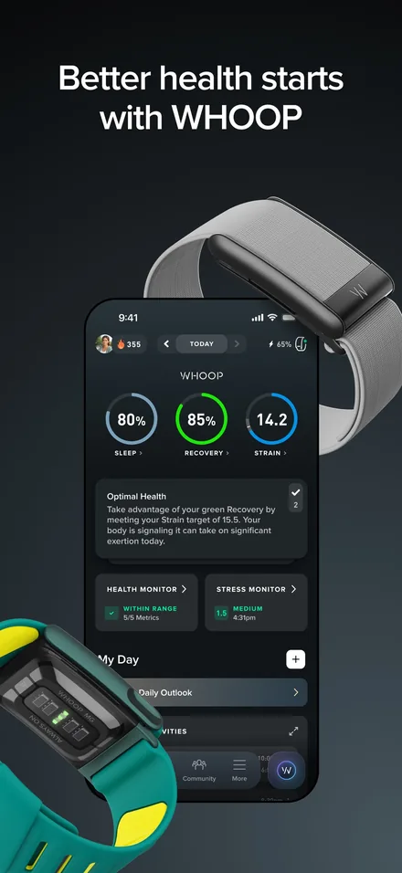 WHOOP short-form post: App Store screenshot of the WHOOP app on a dark phone beside a teal wearable.