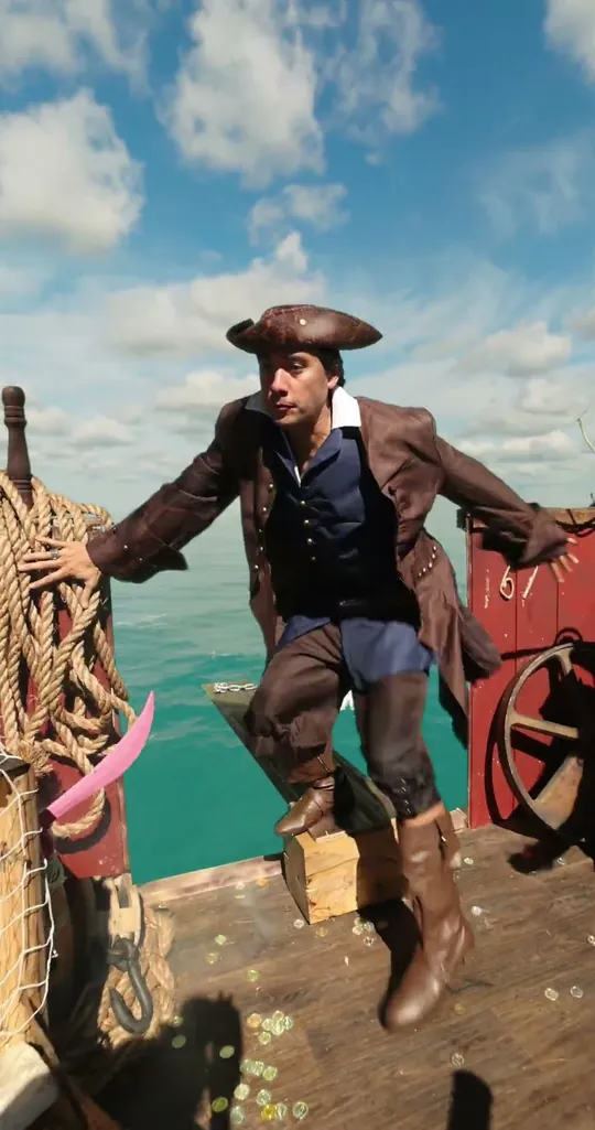Zach King short-form post: a man dressed as a pirate leaping on the deck of a ship, with a turquoise sea and cloudy sky behind.