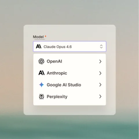 Zapier short-form post: a Zapier model picker listing OpenAI, Anthropic, Google AI Studio and Perplexity on a soft blurred background.